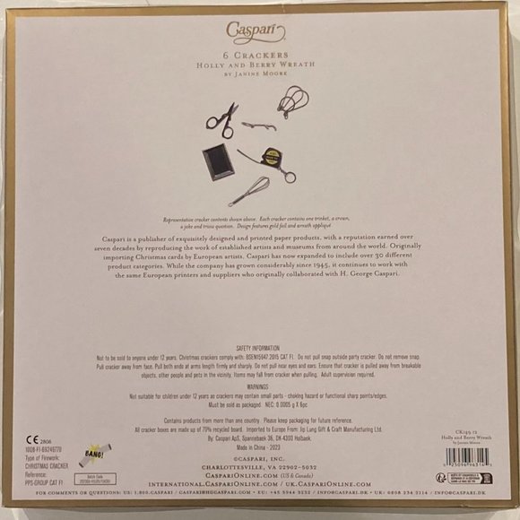 Caspari Holly and Berry Wreath Celebration Crackers - 6 Per Box - Picture 2 of 4